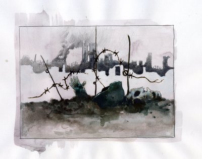 Eerste Wereldoorlog: Oorlogsalegorie met schedelhelm in baarden tegen achtergrond van ruïnes Kleurtekening door Alessandro Lonati door Alessandro Lonati