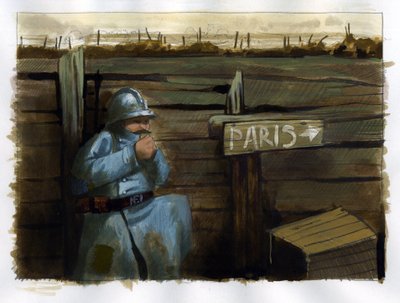 Eerste Wereldoorlog: een harige Franse soldaat bij een bord dat Parijs aangeeft door Alessandro Lonati
