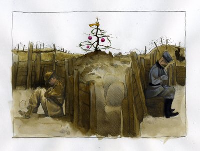Eerste Wereldoorlog: de eenzaamheid van twee vijandige soldaten, Brits (links) en Duits in de loopgraaf, tijdens kersttijd 1914-1918 door Alessandro Lonati