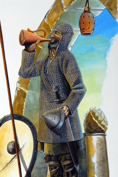 Eerste kruistocht: een kraanvogel in rust, uitgerust met zijn maliënkolder, drinkt de karaf, zijn schild en speer liggen naast hem. door Alessandro Lonati