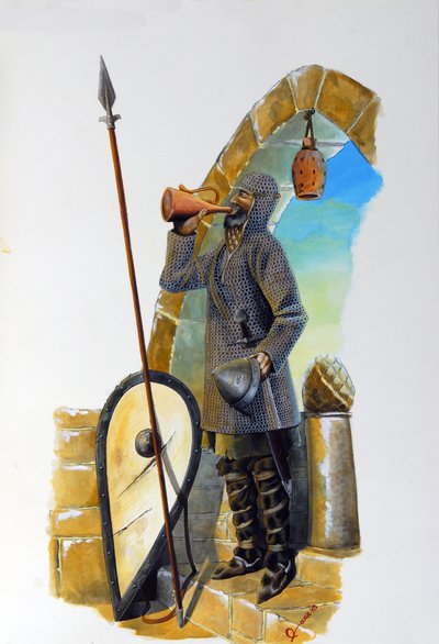 Eerste kruistocht: een kraanvogel in rust, uitgerust met zijn maliënkolder, drinkt de karaf, zijn schild en speer liggen naast hem. door Alessandro Lonati