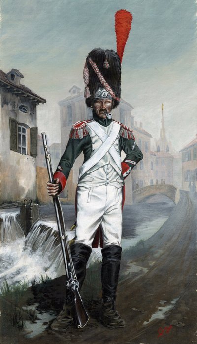 Eerste Keizerrijk (1804-1814 en 1815): Italiaanse grenadiersoldaten bij het kanaal van Milaan met de kathedraal op de achtergrond door Alessandro Lonati