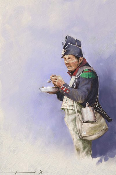 Eerste Keizerrijk: lichte infanteriesoldaat tijdens maaltijd tijdens een campagne van Napoleon I (waarschijnlijk in Rusland) door Alessandro Lonati