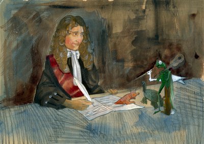 Franse schrijver Jean de la Fontaine die naar zijn personages uit zijn fabels kijkt Illustratie door Alessandro Lonati door Alessandro Lonati