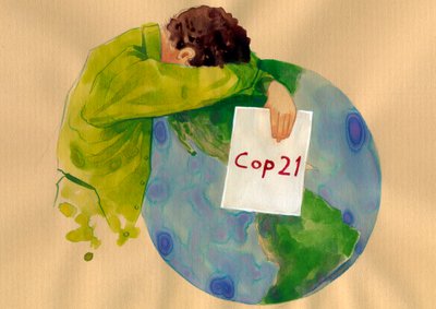 Toekomst van de Aarde, een huilende man die het COP 21-bord vasthoudt (2015 VN-klimaatconferentie) gehouden in Parijs die oplossingen moest vinden voor de opwarming van de aarde en vervuiling (Illustratie door Alessandro Lonati) door Alessandro Lonati