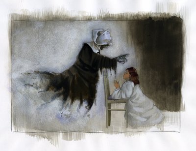 Geest van een oude non met kromme handen verschijnt aan een biddend meisje (Illustratie door Alessandro Lonati) door Alessandro Lonati