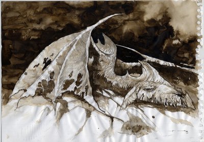 Illustratie van een fantastisch en legendarisch dier: dode drakenkarkas. door Alessandro Lonati