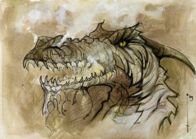 Illustratie van een fantastisch en legendarisch dier: drakenkop die rook uit de snuit blaast door Alessandro Lonati