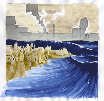 Illustratie van de mythe van het eiland dat onder de zee van Atlantis verdween: uitzicht op de onrustige zee na de uitbarsting van de vulkaan die het legendarische eiland overspoelt - Kleurtekening door Alessandro Lonati door Alessandro Lonati