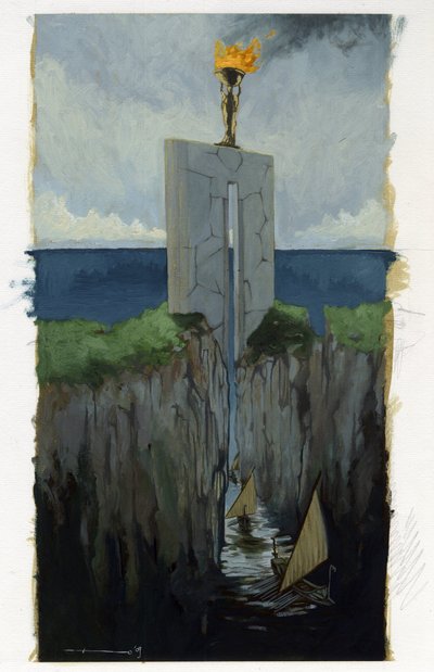 Illustratie van de mythe van het eiland dat onder de Atlantische Zee verdween (Atlantis): de toegangspoort tot de Griekse stad van het legendarische eiland voor zijn verdwijning door Alessandro Lonati