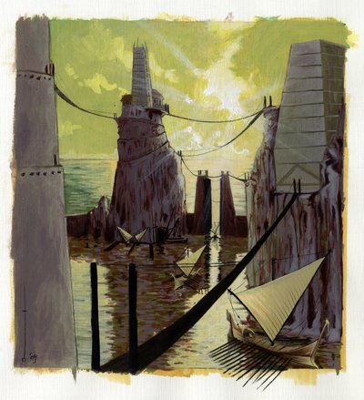 Illustratie van de mythe van het eiland dat verdween onder de Atlantische Zee: zicht op de Griekse stad van het legendarische eiland voor zijn verdwijning. door Alessandro Lonati