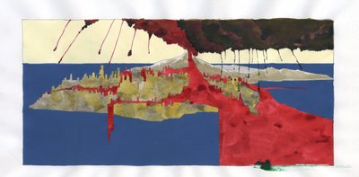 Illustratie van de mythe van het eiland dat onder de Atlantische Zee verdween: uitzicht op de uitbarsting van de vulkaan die de verdwijning van het legendarische eiland zal veroorzaken. Kleurenillustratie door Alessandro Lonati. door Alessandro Lonati