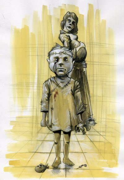 Illustratie sciencefiction: zombies of geesten, nachtmerrieachtig, toont een kind met zijn schedel genaaid met een onthoofde pop en op de achtergrond een zwangere moeder door Alessandro Lonati