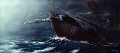 Legendarisch wezen: Draak die een Drakkar (Vikingboot) aanvalt door Alessandro Lonati