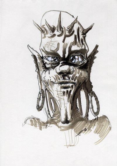 Legendarisch monster voor fantasie illustratie: gezicht van een tribaal wezen of trol door Alessandro Lonati