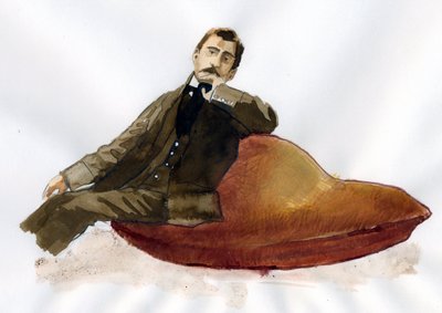 Marcel Proust zittend op zijn madeleine (inkt op papier) door Alessandro Lonati
