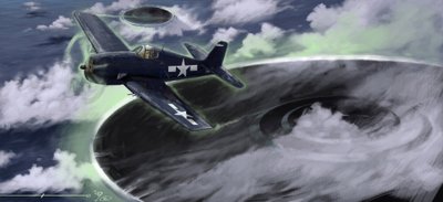 Mysterieuze fenomenen: voorstelling van de verdwijning van een Amerikaans marinevliegtuig in de Bermuda-driehoek in de jaren 1940. Een legende suggereert dat het het werk van UFO