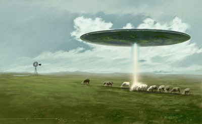 Mysterieuze fenomenen: een vliegende schotel (buitenaards wezen of UFO) die een schaap ontvoert door Alessandro Lonati