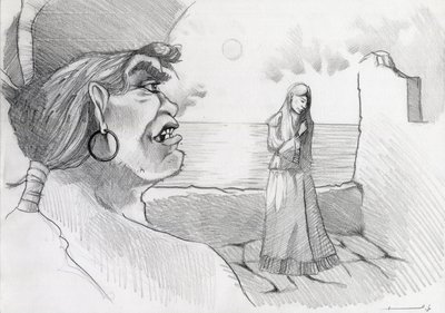 Piraat (kaper) van de Caraïben bedreigt een dame in een fort (Illustratie) door Alessandro Lonati