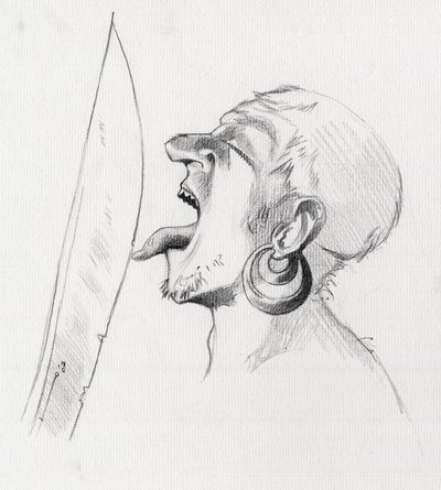 Portret van een piraat (kaper) die het zwaard tart door het met de tong aan te raken (Illustratie) door Alessandro Lonati