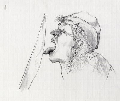 Portret van een piraat (kaper) die het zwaard tart door het met de tong aan te raken (Illustratie) door Alessandro Lonati