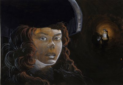 Portret van een piratenvrouw (kaper) of matroos in de nacht, verlicht door de lantaarn van een andere piraat (Kleurenillustratie) door Alessandro Lonati