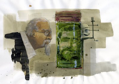 Portret van Italiaanse criminoloog die naar zijn eigen hoofd in formaline kijkt door Alessandro Lonati