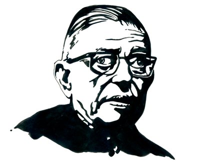 Portret van de Franse schrijver, filosoof en toneelschrijver Jean-Paul Sartre Tekening door Alessandro Lonati