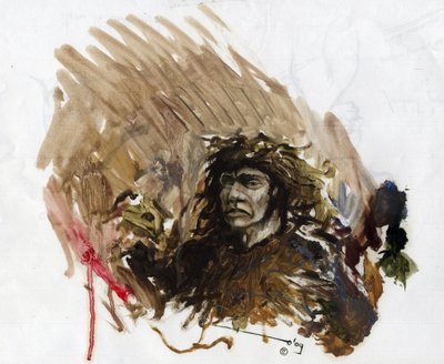 Prehistorie: voorstelling van een Neanderthaler in het Midden-Paleolithicum. door Alessandro Lonati