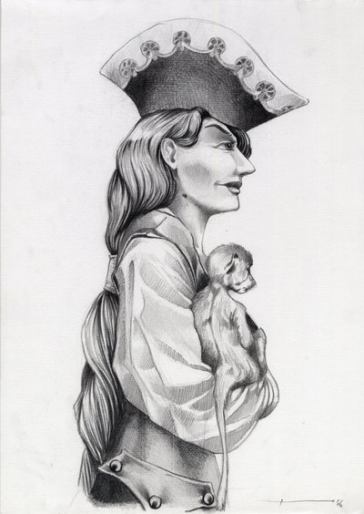 Profielportret van een piratenvrouw uit de Caraïben, met een klein aapje in haar armen door Alessandro Lonati