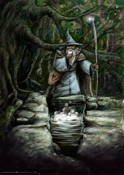 Representatie van een druïde die drinkt bij de wonderbaarlijke fontein van Barenton, in het bos van Brocéliande - Illustratie door Alessandro Lonati - 2012 door Alessandro Lonati