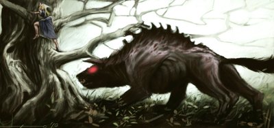 Representatie van het legendarische beest van Gévaudan dat een klein meisje aanvalt dat op een boom zit - Illustratie door Alessandro Lonati, 2010 door Alessandro Lonati