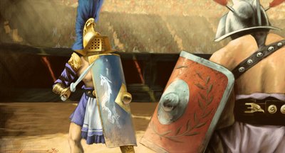 Romeinse kunst: duel van gladiatoren tussen een mirmillo gladiator (links) en een thraciër in een amfitheater door Alessandro Lonati