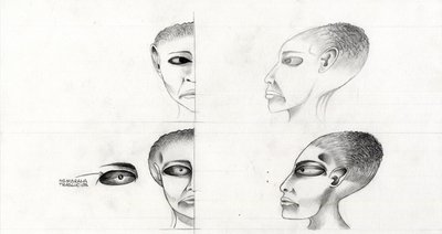 Sciencefiction illustratie: studie van het gezicht van een buitenaards wezen van de planeet Mars door Alessandro Lonati