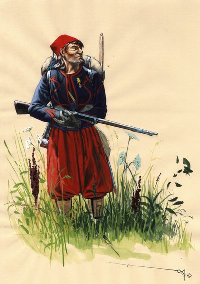 Tweede Keizerrijk (1852-1870): Zouaaf soldaat van het Franse leger van Napoleon III tijdens de Italiaanse campagne in 1859 (Slag bij Solferino op 24 juni 1859 of Slag bij Magenta op 4 juni 1859) door Alessandro Lonati