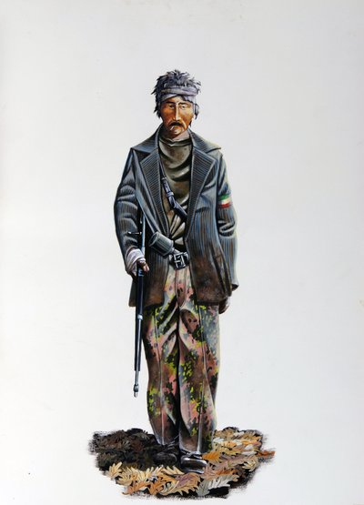 Tweede Wereldoorlog: een lid van het Italiaanse verzet in camouflagepak met machinegeweer. 1943-1945 door Alessandro Lonati