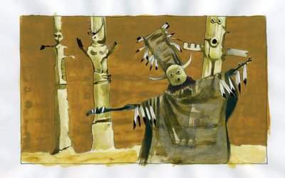 Sjamanisme: spirituele ceremonie gericht op de bemiddeling tussen mensen en natuurgeesten - sjamaan en zijn totems Illustratie door Alessandro Lonati door Alessandro Lonati