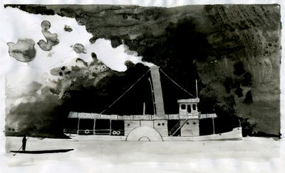 Stoomschip Illustratie van de nieuwe "In het hart van de duisternis" door Joseph Conrad. 2012 door Alessandro Lonati