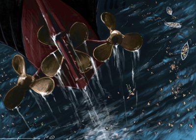 Zicht op de schroeven van de Titanic tijdens het zinken op 14 en 15 april 1912 door Alessandro Lonati