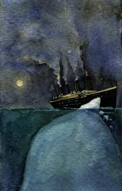 Zicht op de trans-Atlantische lijnboot Titanic ten tijde van het zinken op 14 en 15 april 1912, veroorzaakt door de botsing met een ijsberg (Illustratie door Alessandro Lonati) door Alessandro Lonati