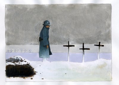 Eerste Wereldoorlog: een Franse soldaat bij een oorlogsgraf kijkt naar de kruisen door Alessandro Lonati