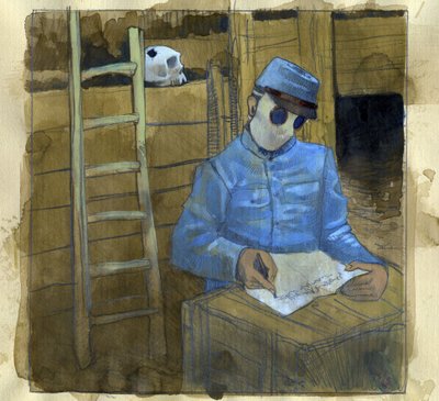 Eerste Wereldoorlog: een Franse soldaat schrijft een brief in een loopgraaf, met een gasmasker op door Alessandro Lonati