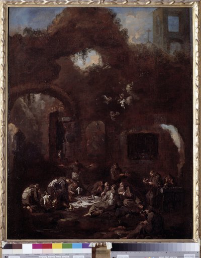 Kapucijner monniken aan tafel tussen de ruïnes door Alessandro Magnasco
