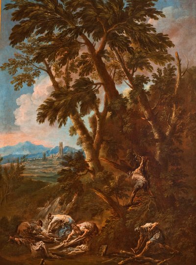 Landschap met wasvrouwen en houthakkers door Alessandro Magnasco