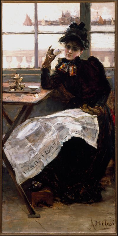 Een vrouw in het zwart, leest de krant en drinkt een kopje koffie in een bistro. Schilderij door Alessandro Milesi (1856-1945) Genua Galleria d
