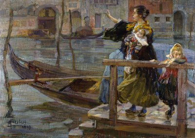Moeder met twee kinderen of Wachten op gondel door Alessandro Milesi