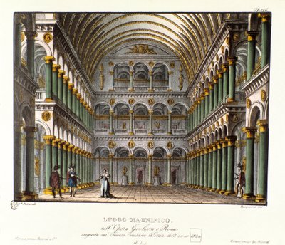 Een prachtige plaats: grote paleishal met gewelfd plafond Scenografie voor de uitvoering in het Teatro Carcano in 1829 van de opera 
