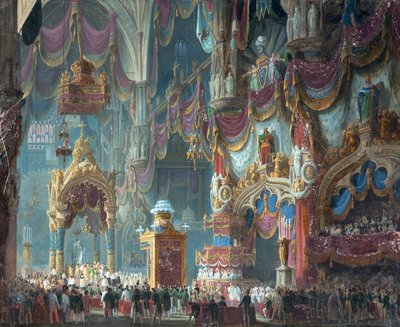 De kroning van keizer Ferdinand I van Oostenrijk als koning van Lombardije-Venetië in de kathedraal van Milaan door Alessandro Sanquirico
