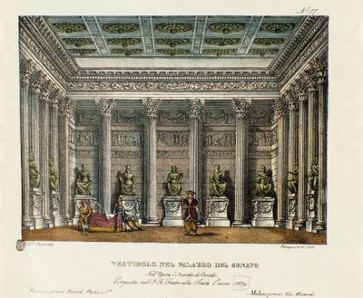 De vestibule van het Paleis van de Senaat (Acte I) Scenografie voor de uitvoering in het Teatro alla Scala in Milaan in 1829 van de opera 