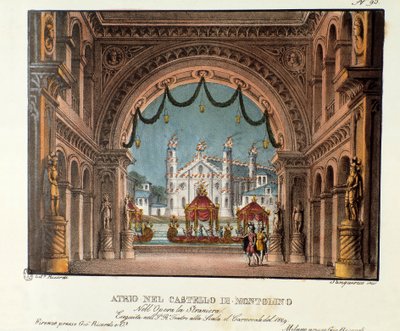 De vestibule van het kasteel van Montolino in Bretagne - Scenografie voor de uitvoering van de opera 